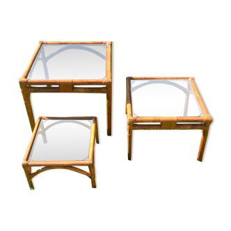 Bamboo pull-out table / leather and vintage glass