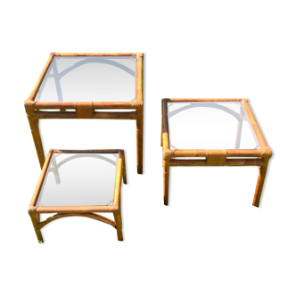 Table gigogne en bambou/ cuir et verre vintage