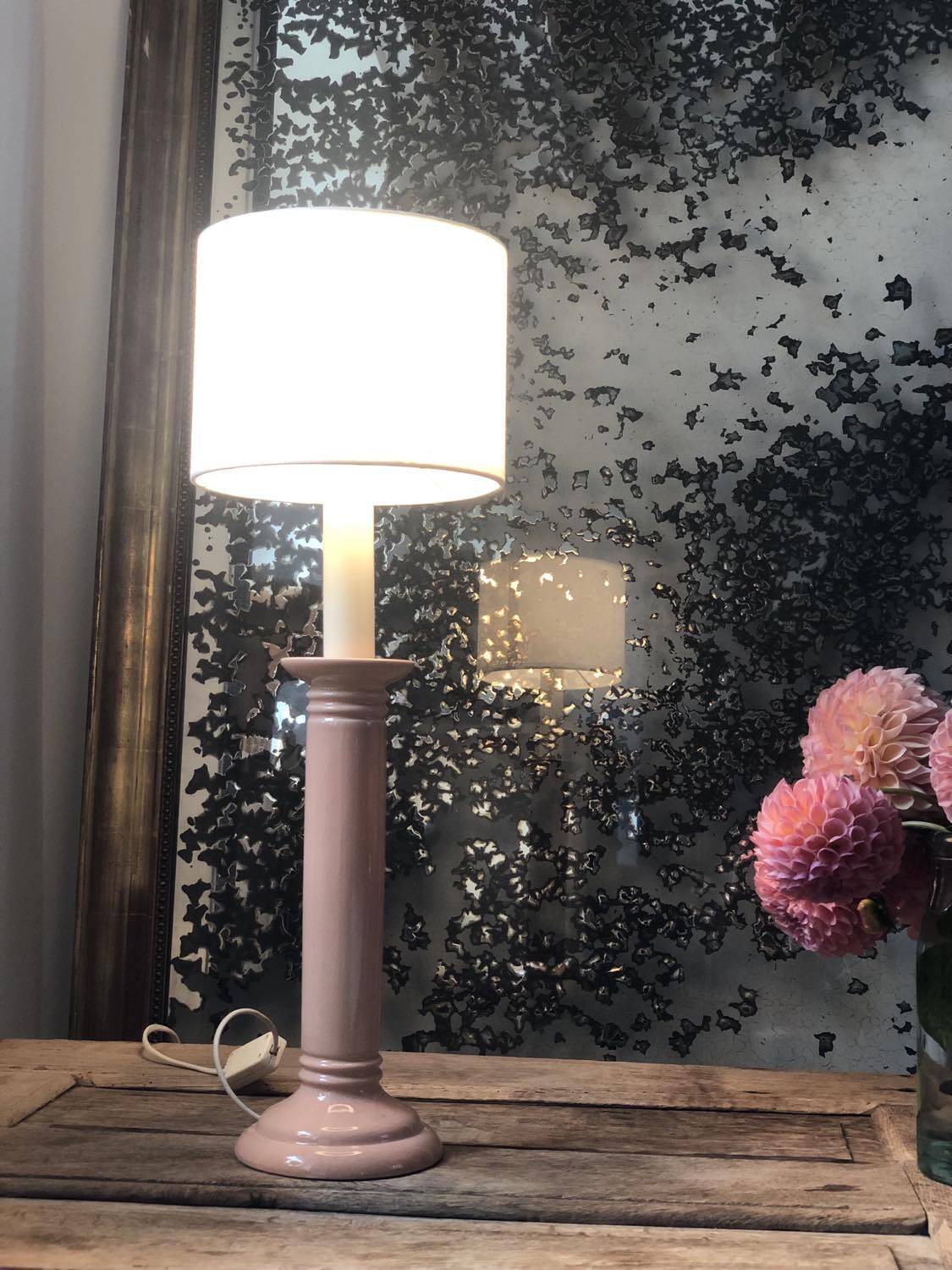 Pair of vintage salmon pink candlestick shaped ceramic lamp bases