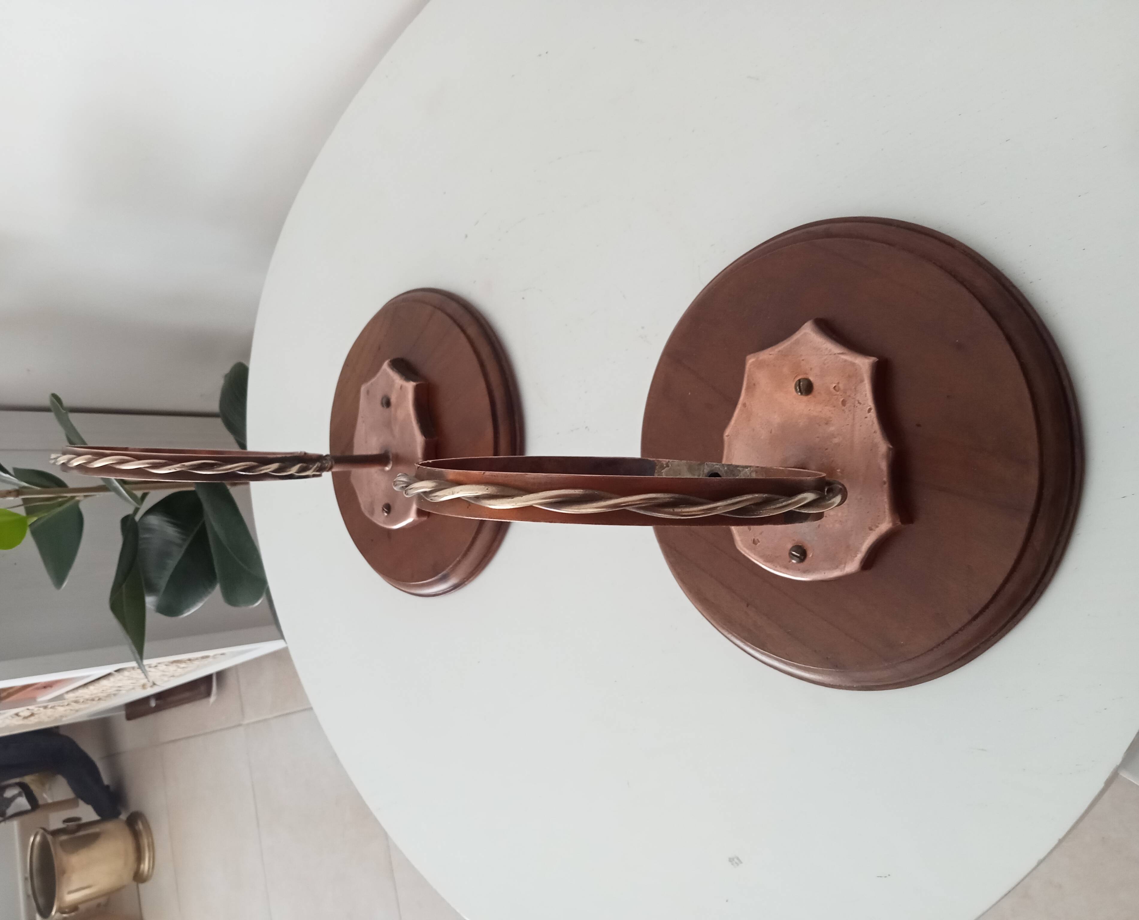 Vintage wall mounted plant holder in copper wood and brass from the 60s