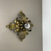 Rare 24 cm Large Theatre Ceiling Light in Gold-Coloured Brass in Florentine Leaf Style, Italy, 1970s