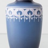 Mid-century modern blue ceramic table lamp with new Liberty London floral shade.