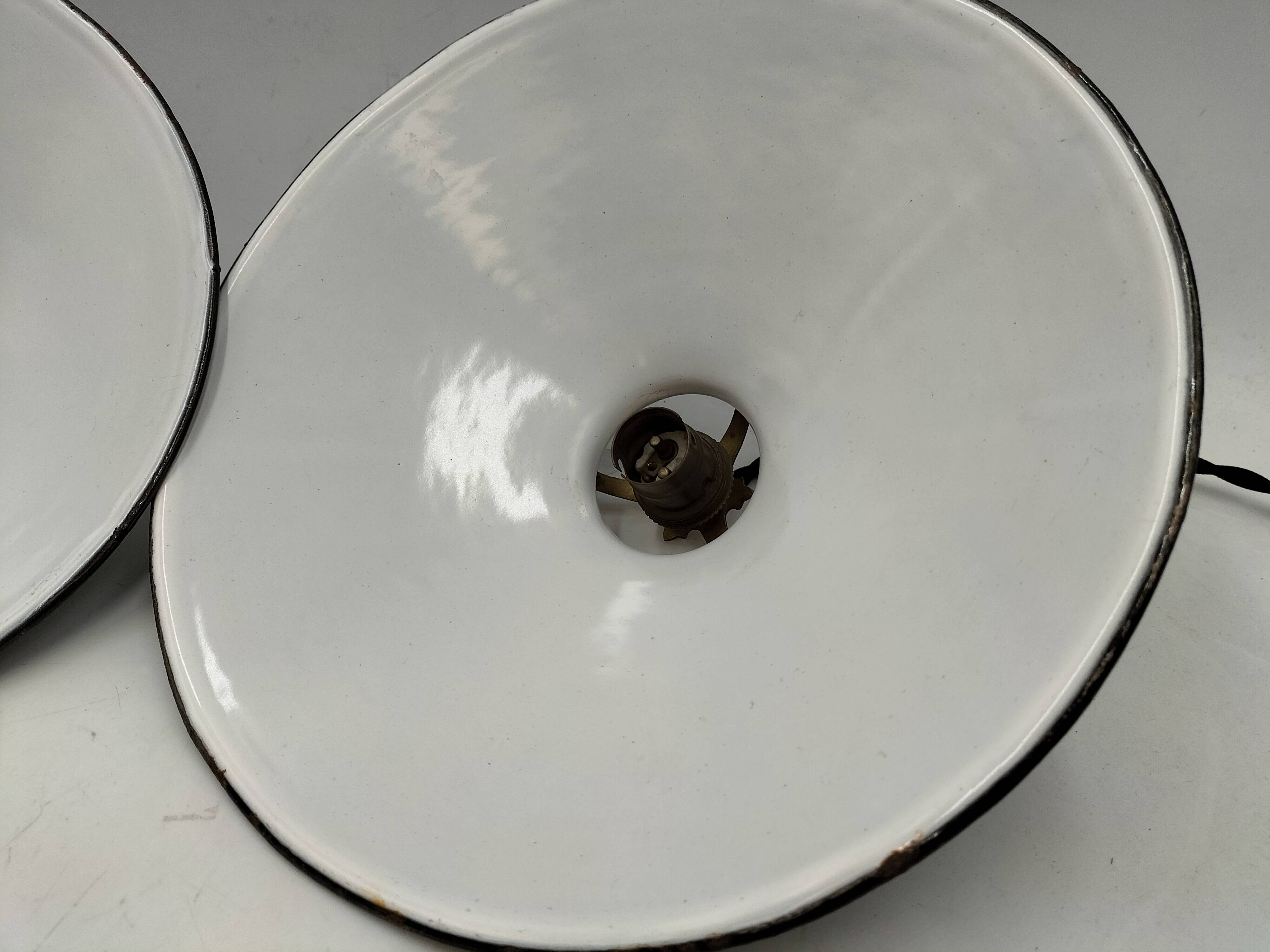 Pair of blue enameled sheet metal pendant lights