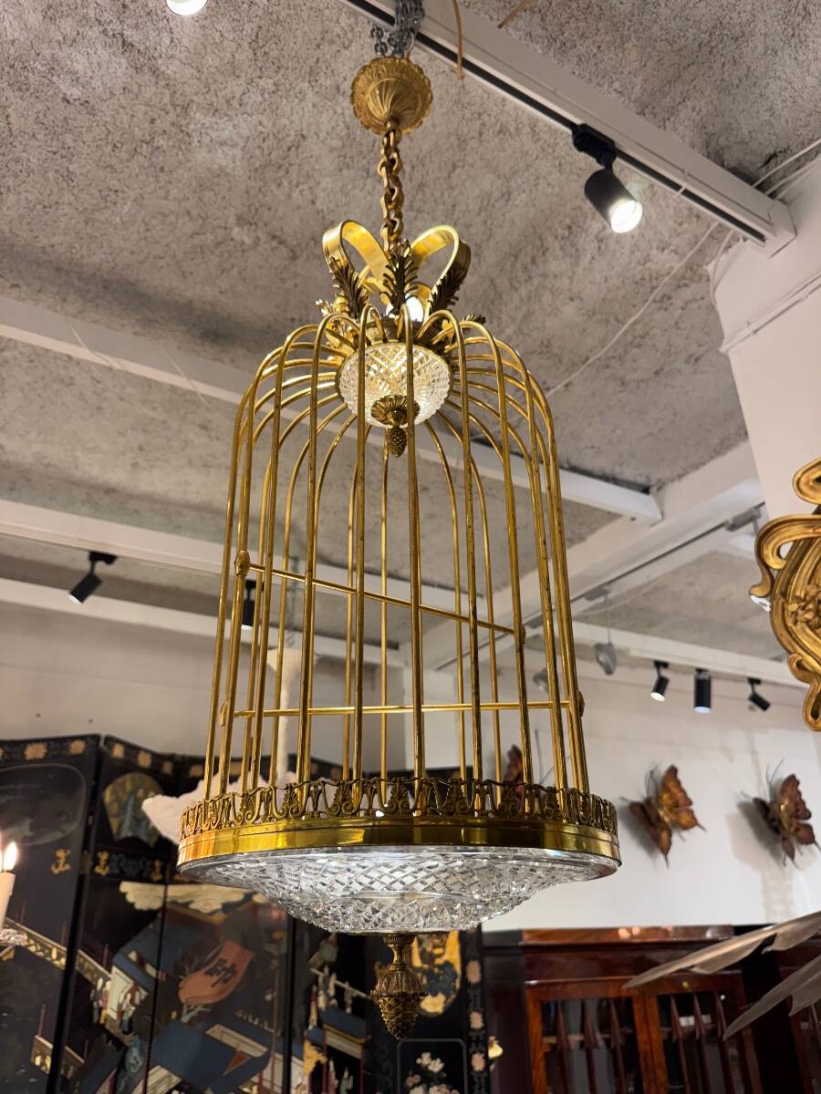 Lustre cage en cristal et bronze vers 1900