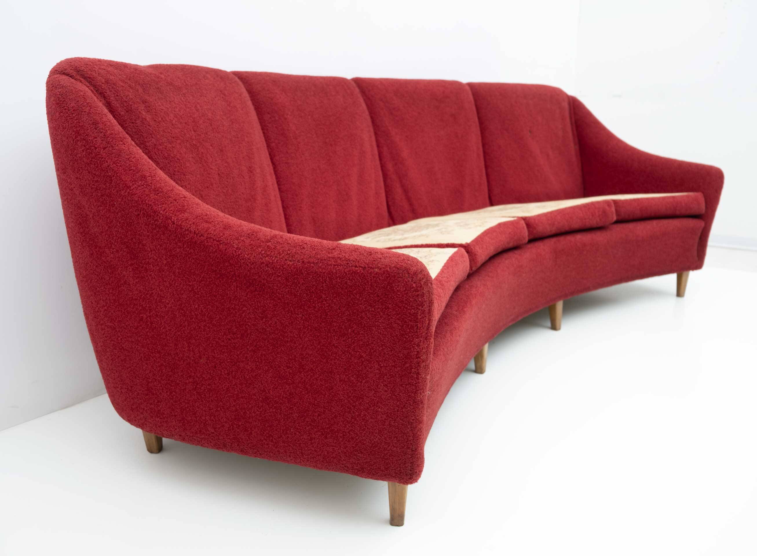 Mid-Century Modern Italian Velvet four Seater Curved Sofa, 1950s