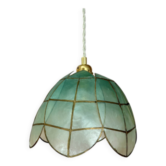Vintage pendant light in blue mother-of-pearl and brass.