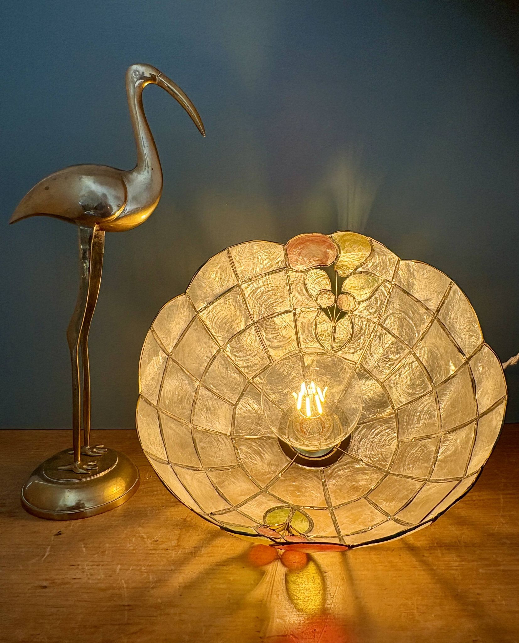 Vintage mother-of-pearl and brass pendant lampshade with fruit decorations