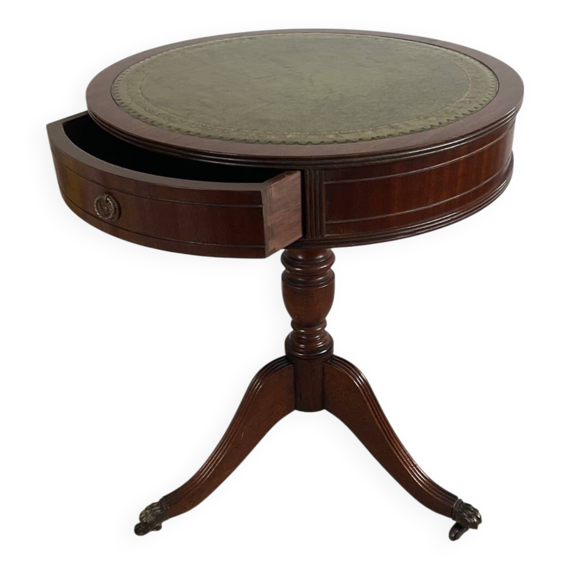 Antique Mahogany and Leather Side Table on Casters