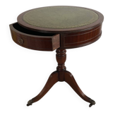 Table d’appoint ancienne sur roulettes en acajou et cuir