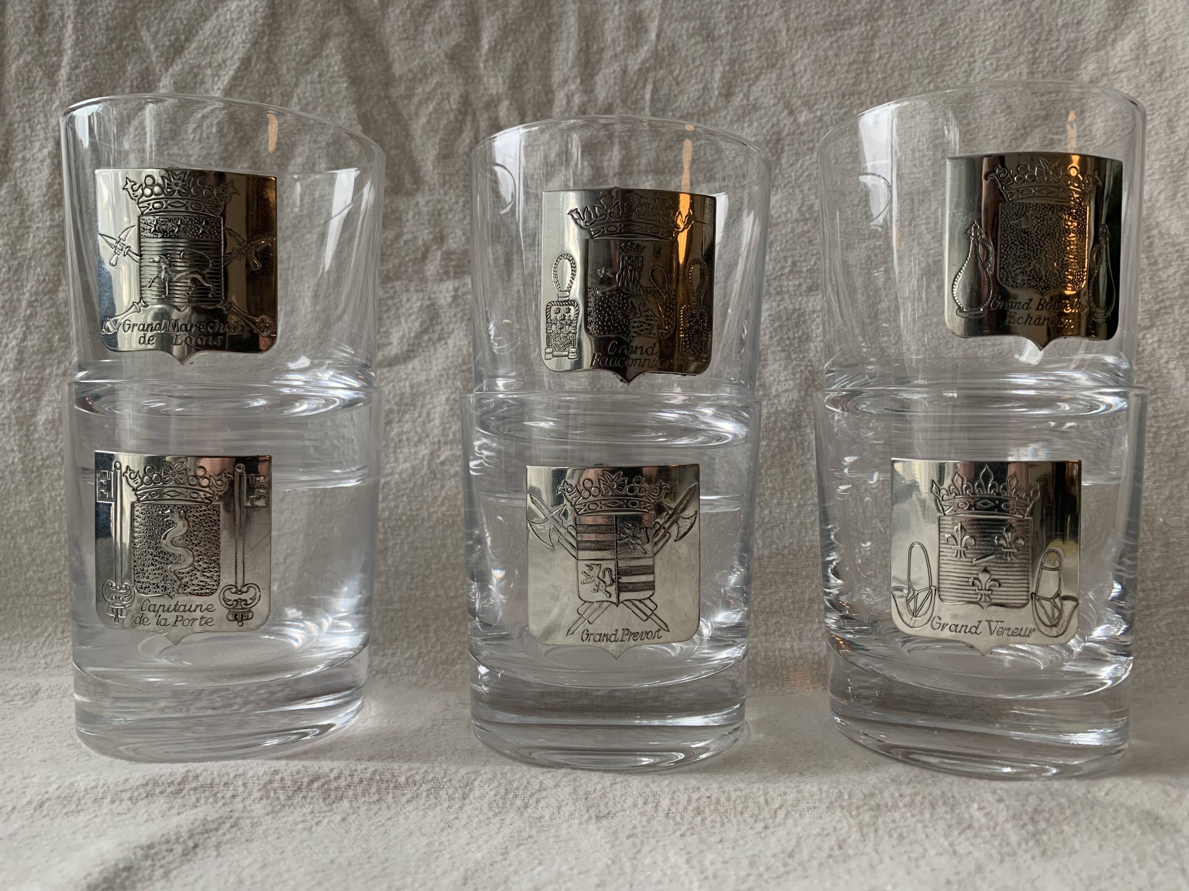6 crystal whiskey glasses from Sèvres Prévost, Captain, Marshal, Boutelier, Fauconnier and Veneur