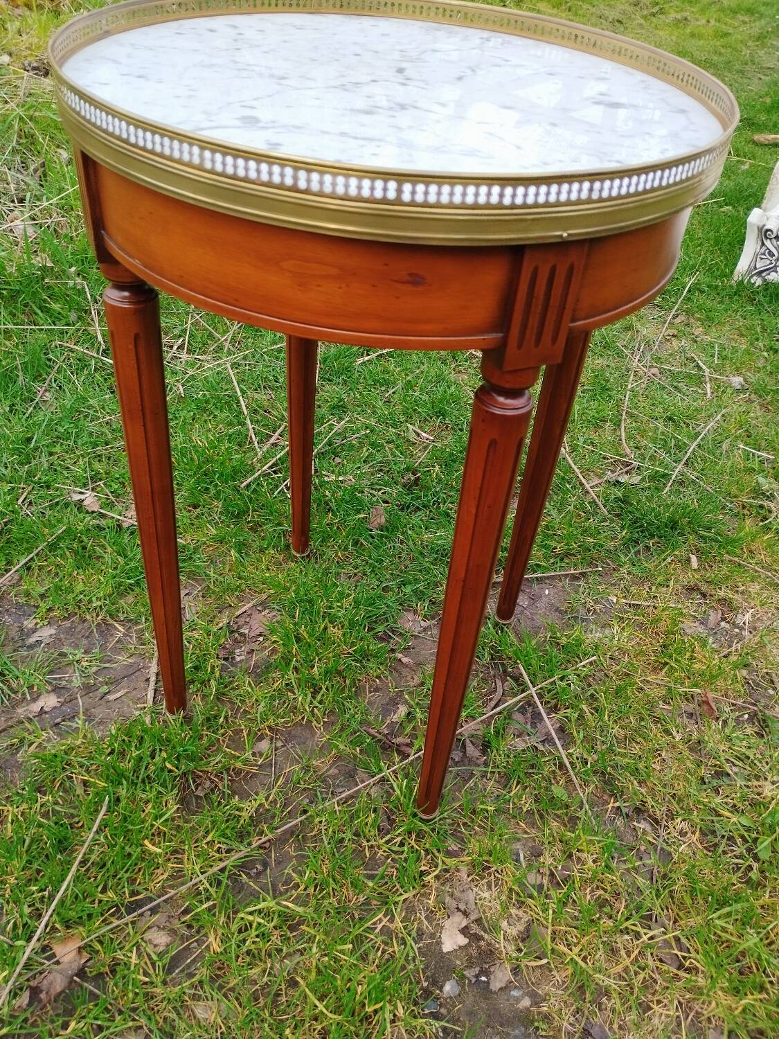Antique hot water bottle table, Louis XVI style marble top