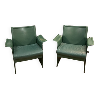 Pair of green leather armchairs from the 70s