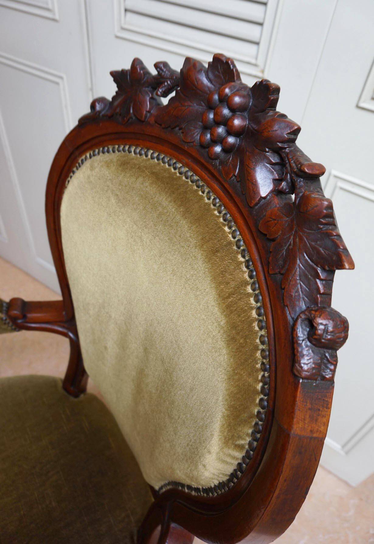 Mahogany Napoleon III Armchair with Carved Grapes  Decoration on Top, 1870s