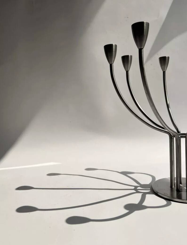 Grand chandelier / bougeoir métal brossé 8 feux, K. Hagberg design 1970