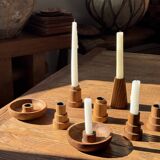 Circular teak monoxyle candlestick, pyramidal with a high central part H7 D5.