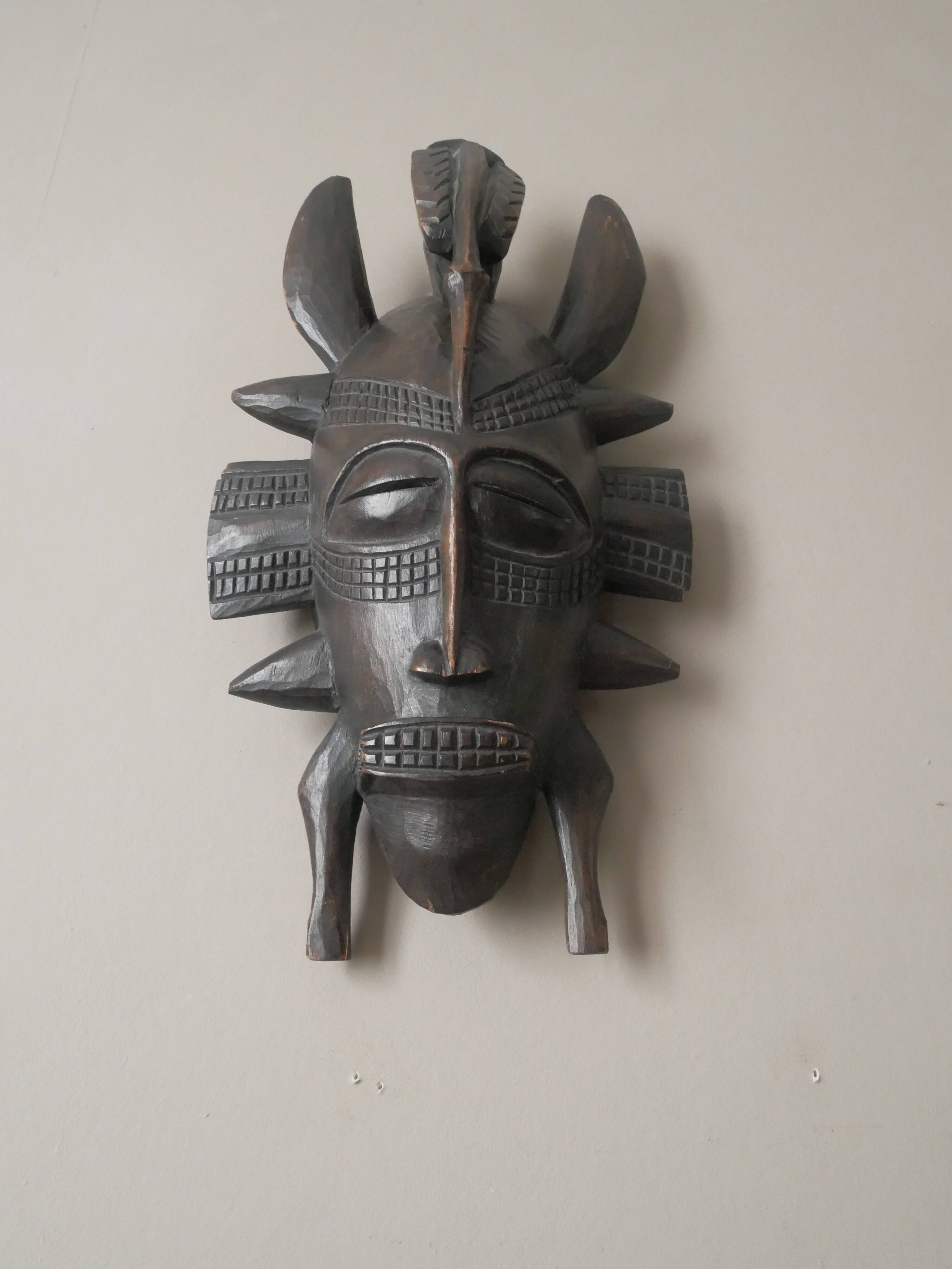 Vintage African Art wooden wall mask handcrafted tribal ethnic decorative object