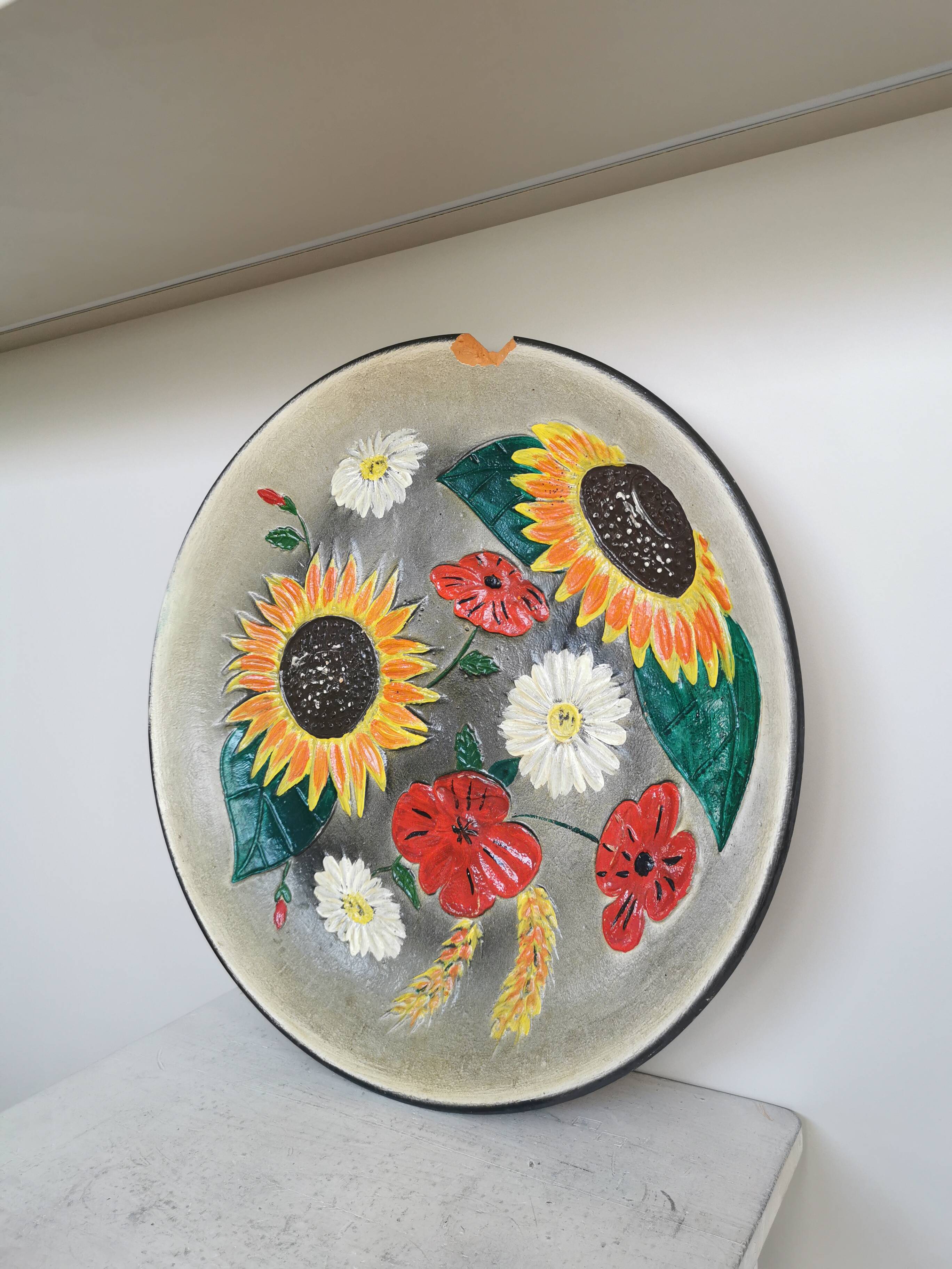 Vintage Hand-Painted Floral Clay Wall Plate - 1970s Yugoslavia