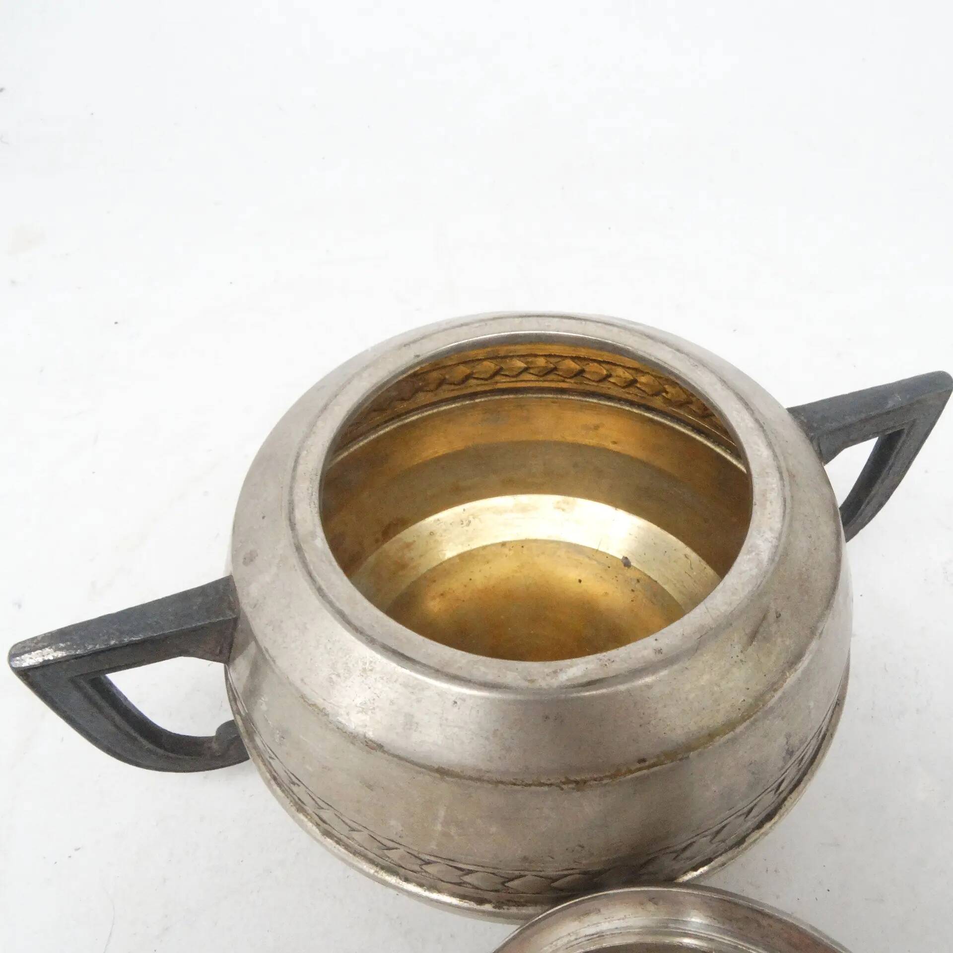 Art Deco sugar bowl, silver-plated brass, tin, Belgium, 1920s