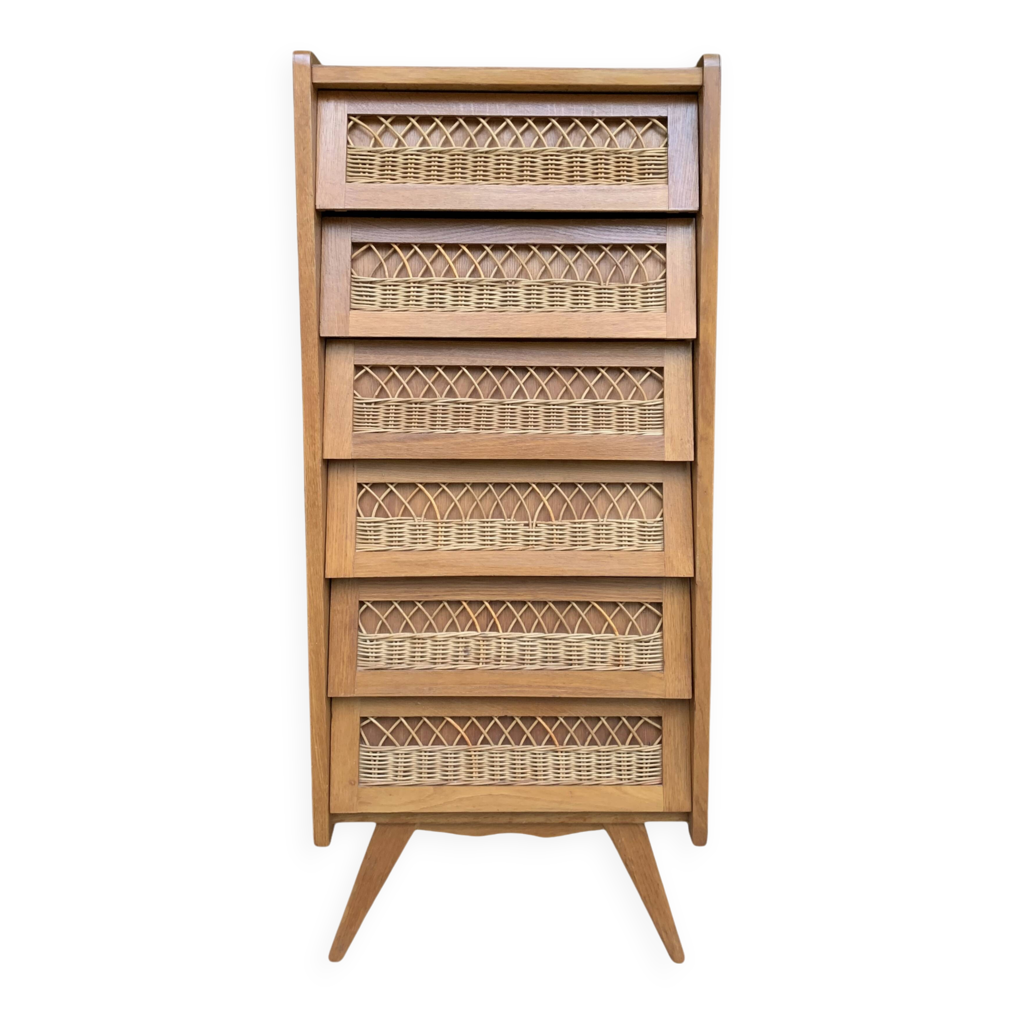 Vintage rattan chiffonier with compass feet 1950