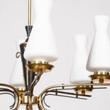 VINTAGE 50'S CHANDELIER IN BRASS AND GLASS ITALIAN DESIGN