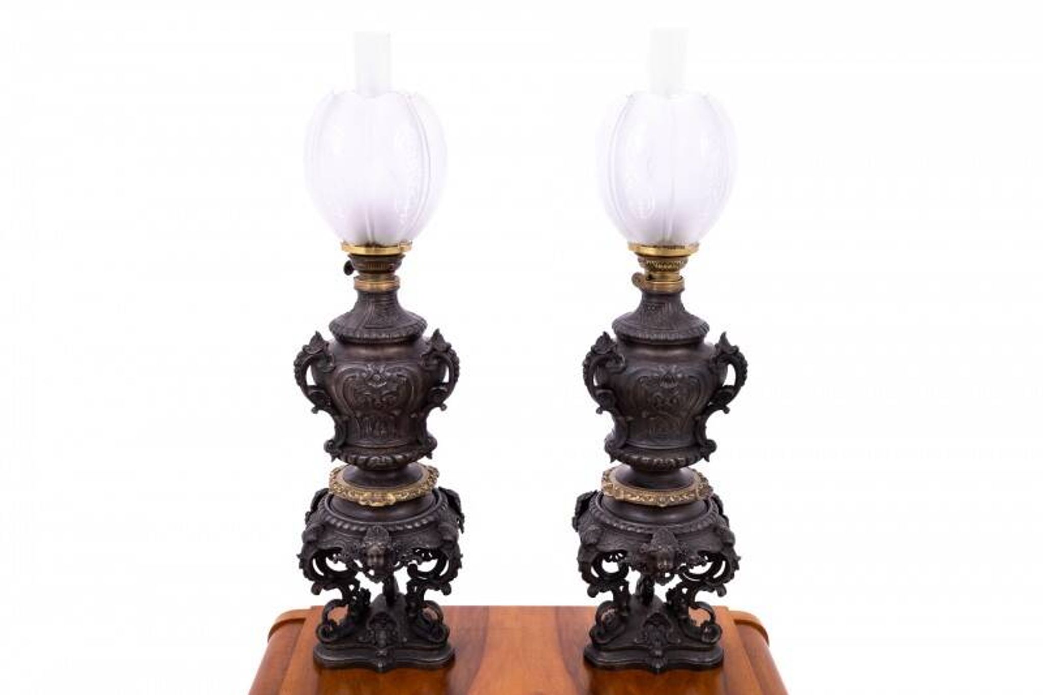 Pair of bronze oil lamps, France, circa 1880.