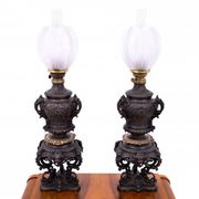 Pair of bronze oil lamps, France, circa 1880.