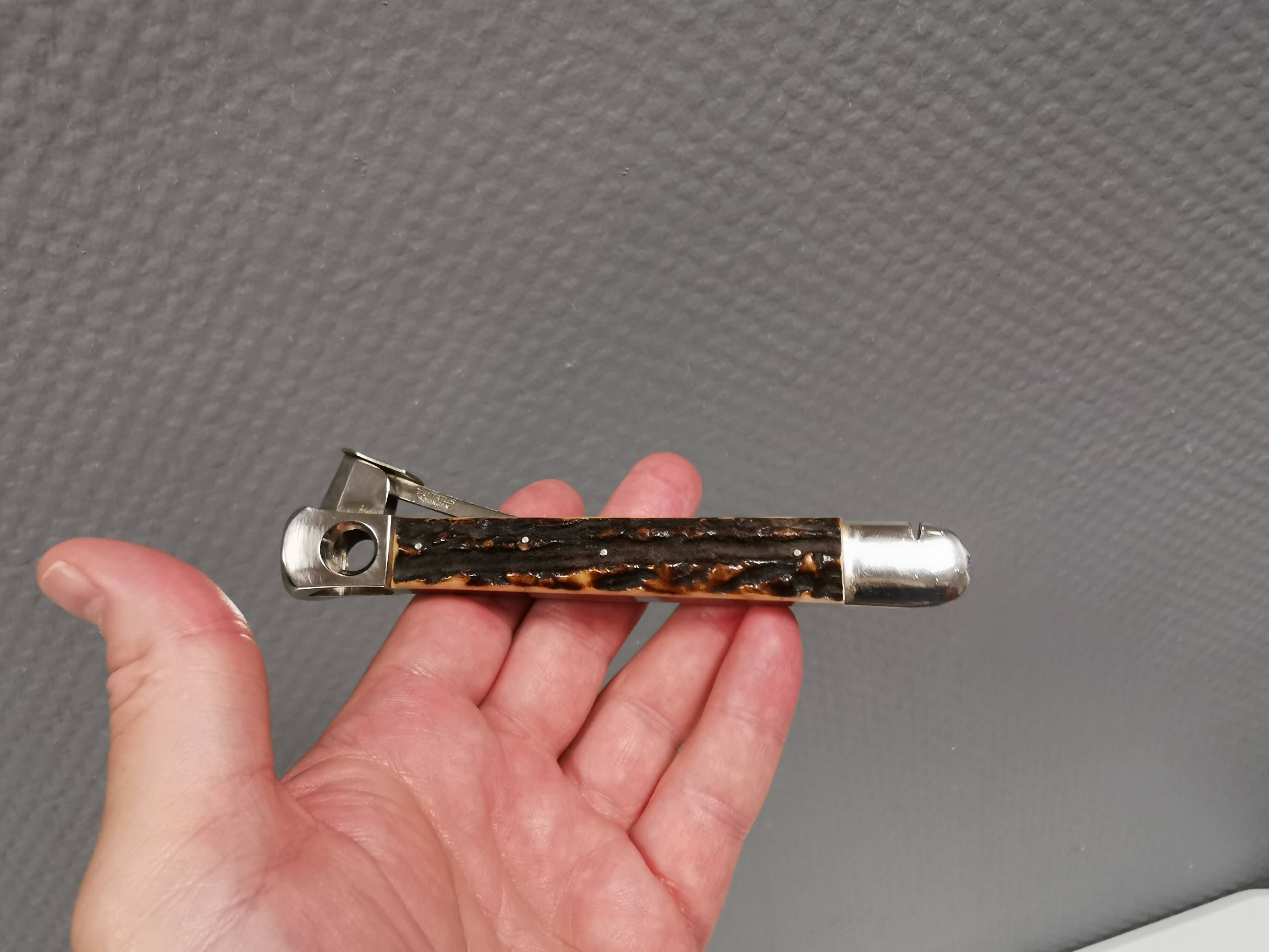 Old cigar cutter of stag horn and stainless steel. Solingen Germany 50-60s