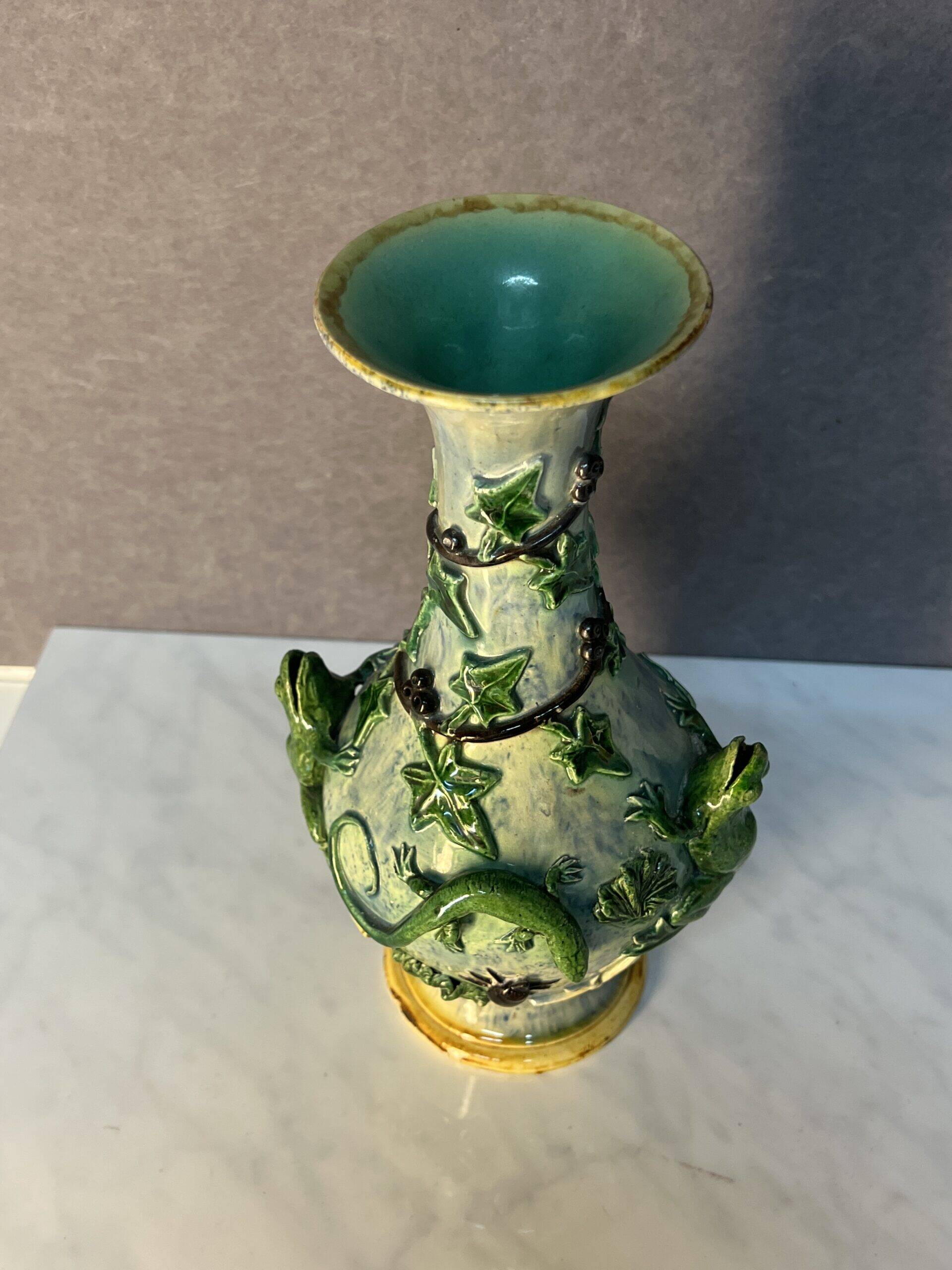 Majolica Palissy vase, dating from the Victorian era circa 1890