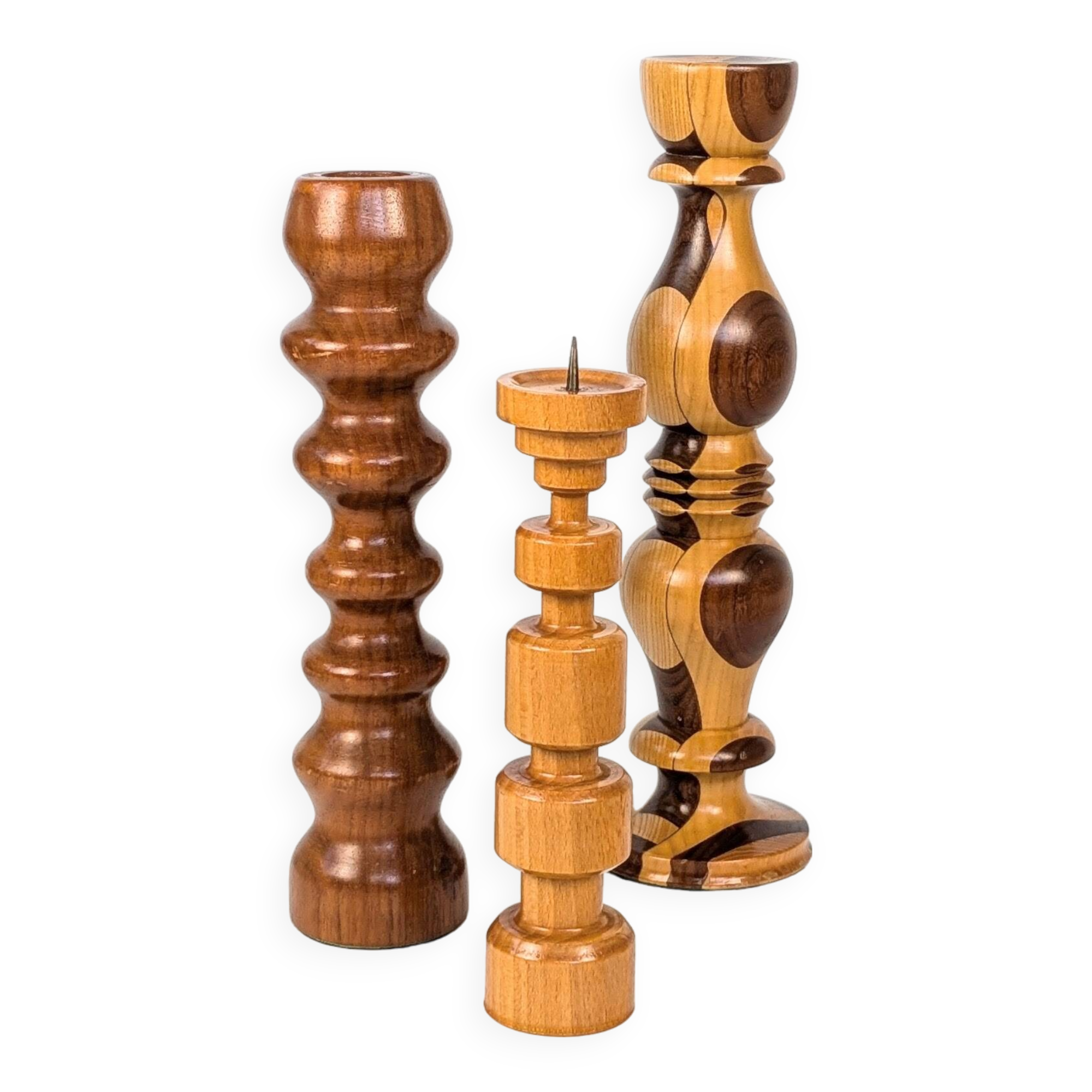 Set of 3 vintage candlesticks | Turned wood | Midcentury
