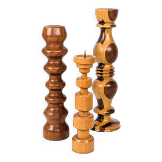 Set of 3 vintage candlesticks | Turned wood | Midcentury