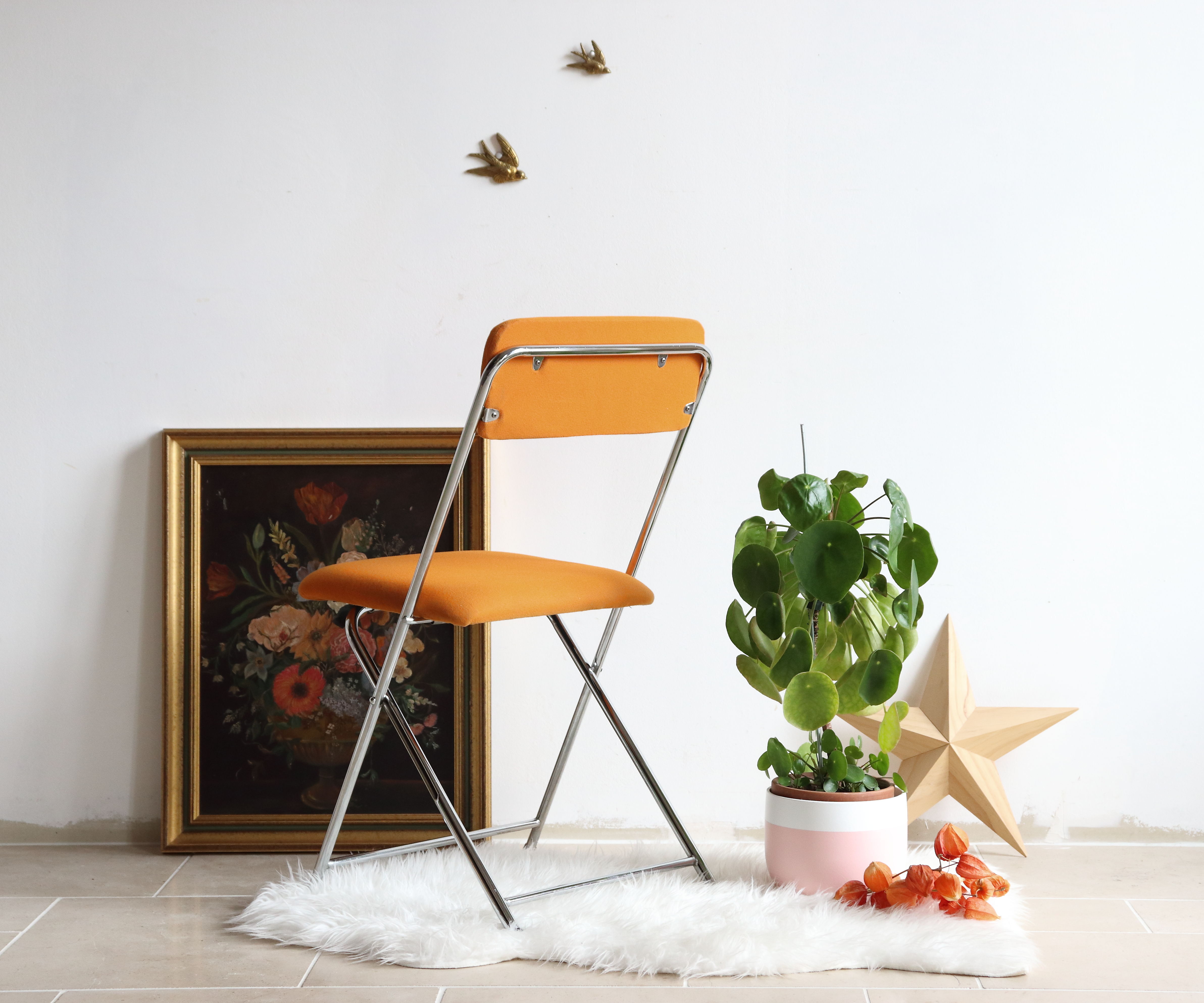 Folding chair in chrome metal and orange fabric 1970