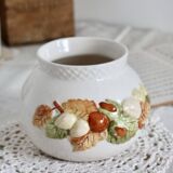 Vintage autumnal earthenware barbotine cachepot with hazelnut patterns