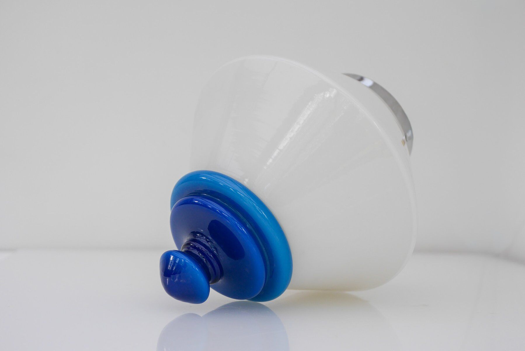 Scandinavian Art Deco milk glass pendant light with azure blue details, 1930s