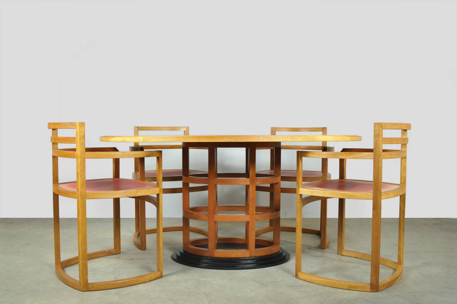 Exceptional fruitwood dining table set in art deco style, 1980s