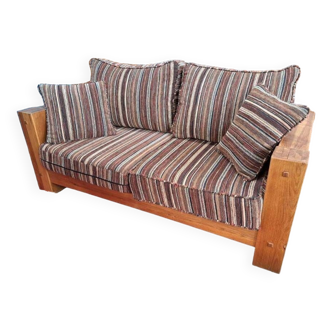 2-seater sofa in solid elm and original fabric, 70s-80s