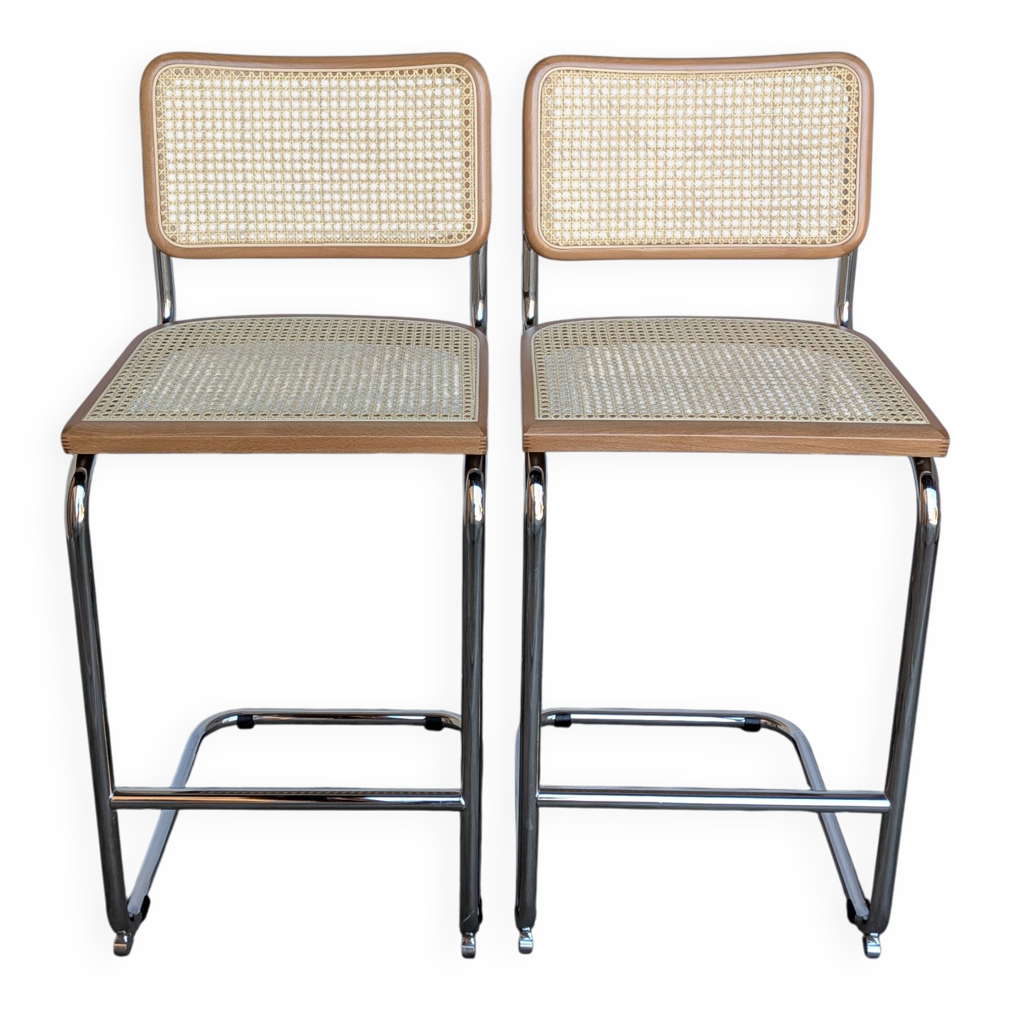 Ensemble de 2 chaises haute Bar Cesca / Design Marcel Breuer / Noyer clair, osier