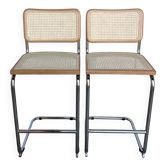 Ensemble de 2 chaises haute Bar Cesca / Design Marcel Breuer / Noyer clair, osier