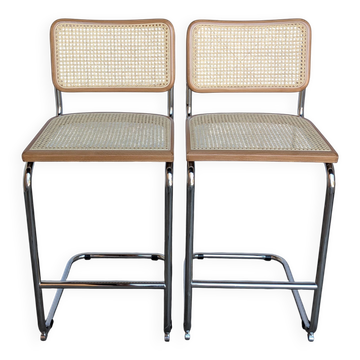 Ensemble de 2 chaises haute Bar Cesca / Design Marcel Breuer / Noyer clair, osier
