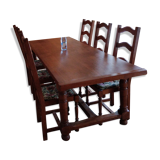 Lounge table and its six chairs in solid oak