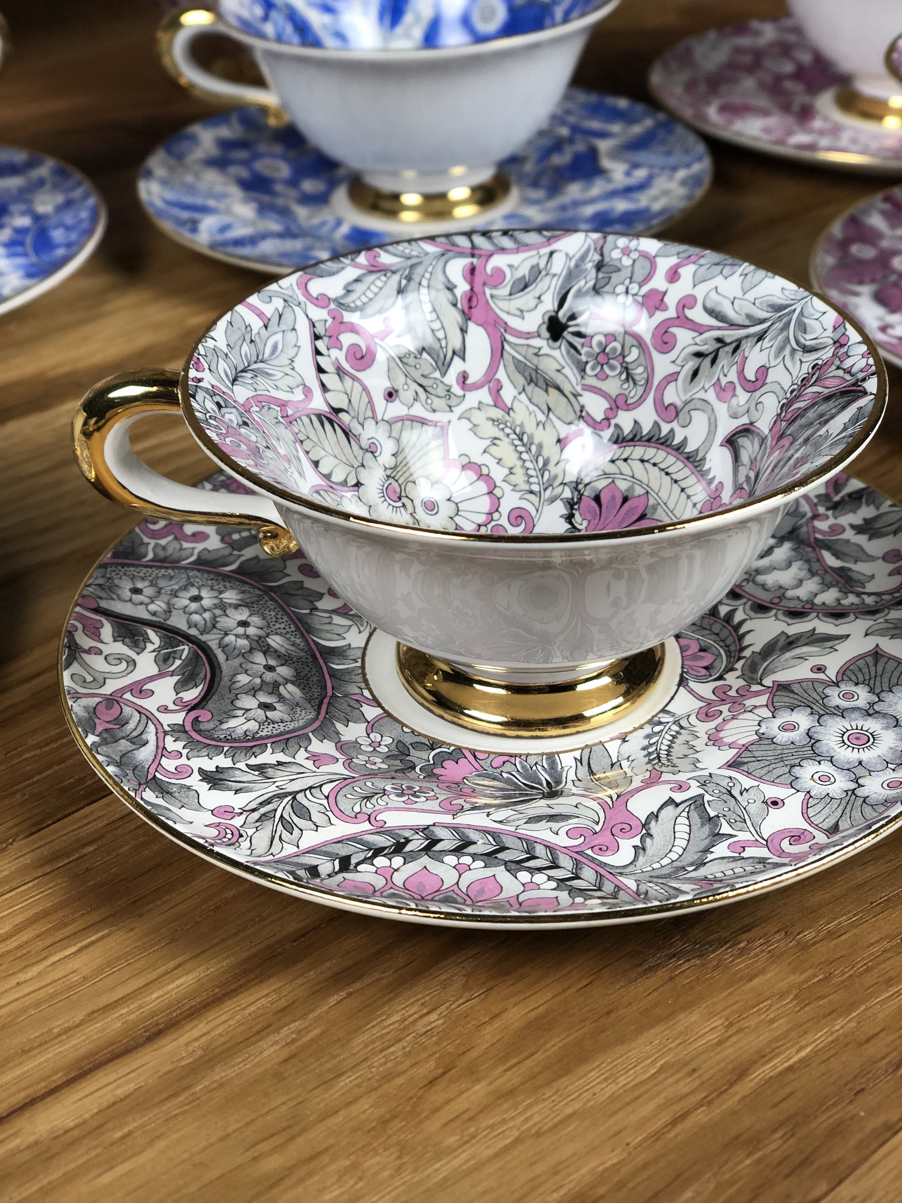 Porcelain coffee service multicolored and gilded cashmere designs signed BM France