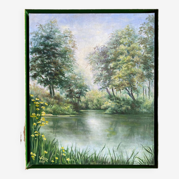 HST painting "Landscape with wooded river" - signed Valena XX° + frame