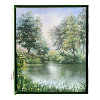 HST painting "Landscape with wooded river" - signed Valena XX° + frame