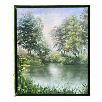 Tableau HST "Paysage à la rivière arborée" - signé Valena XX° + cadre