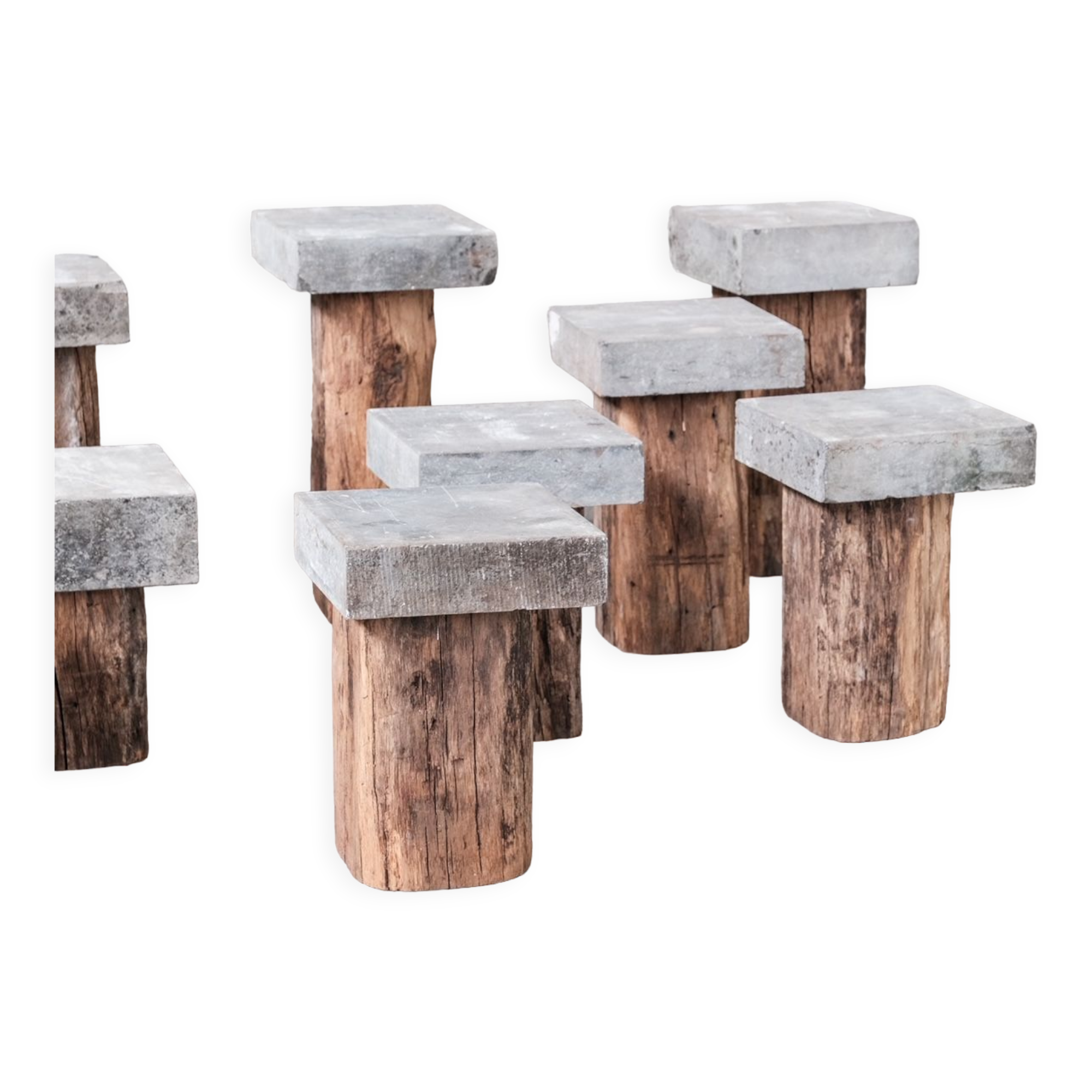 Wooden and stone mid-century pedestals or side tables