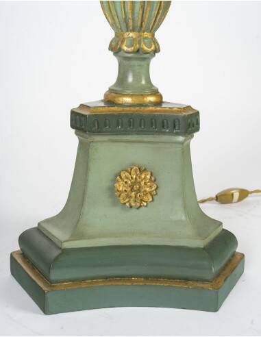 Carved, lacquered and gilded wooden lamp, 1950-1960, Louis XVI style.