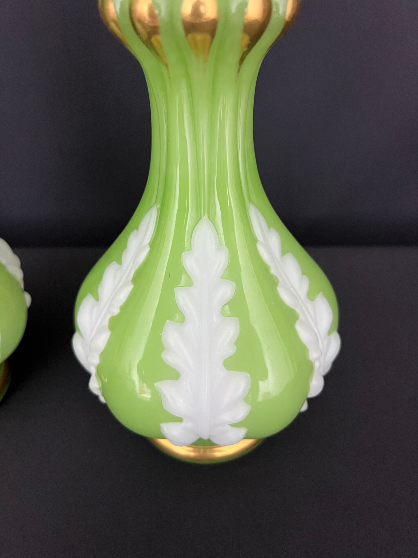 Pair of green and white opaline vases, attributed to Baccarat, period