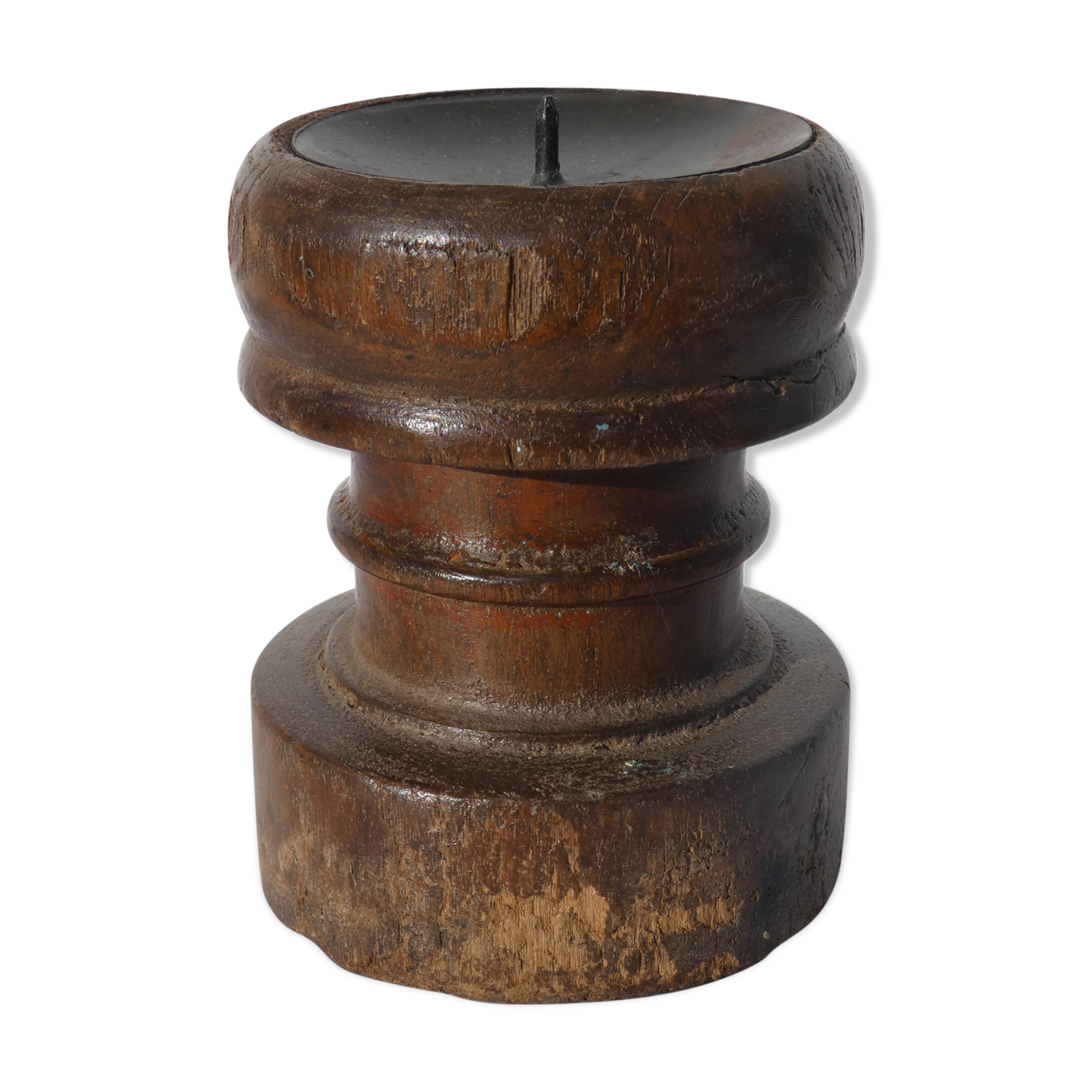 Candle holder round wood old teak patina of origin India
