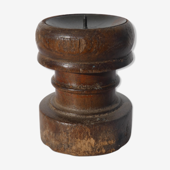 Candle holder round wood old teak patina of origin India