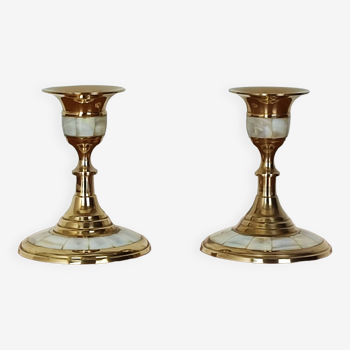 Brass and mother-of-pearl candle holders