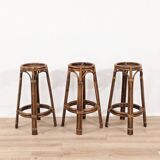 Ensemble de trois tabourets bar en rotin des années 1970